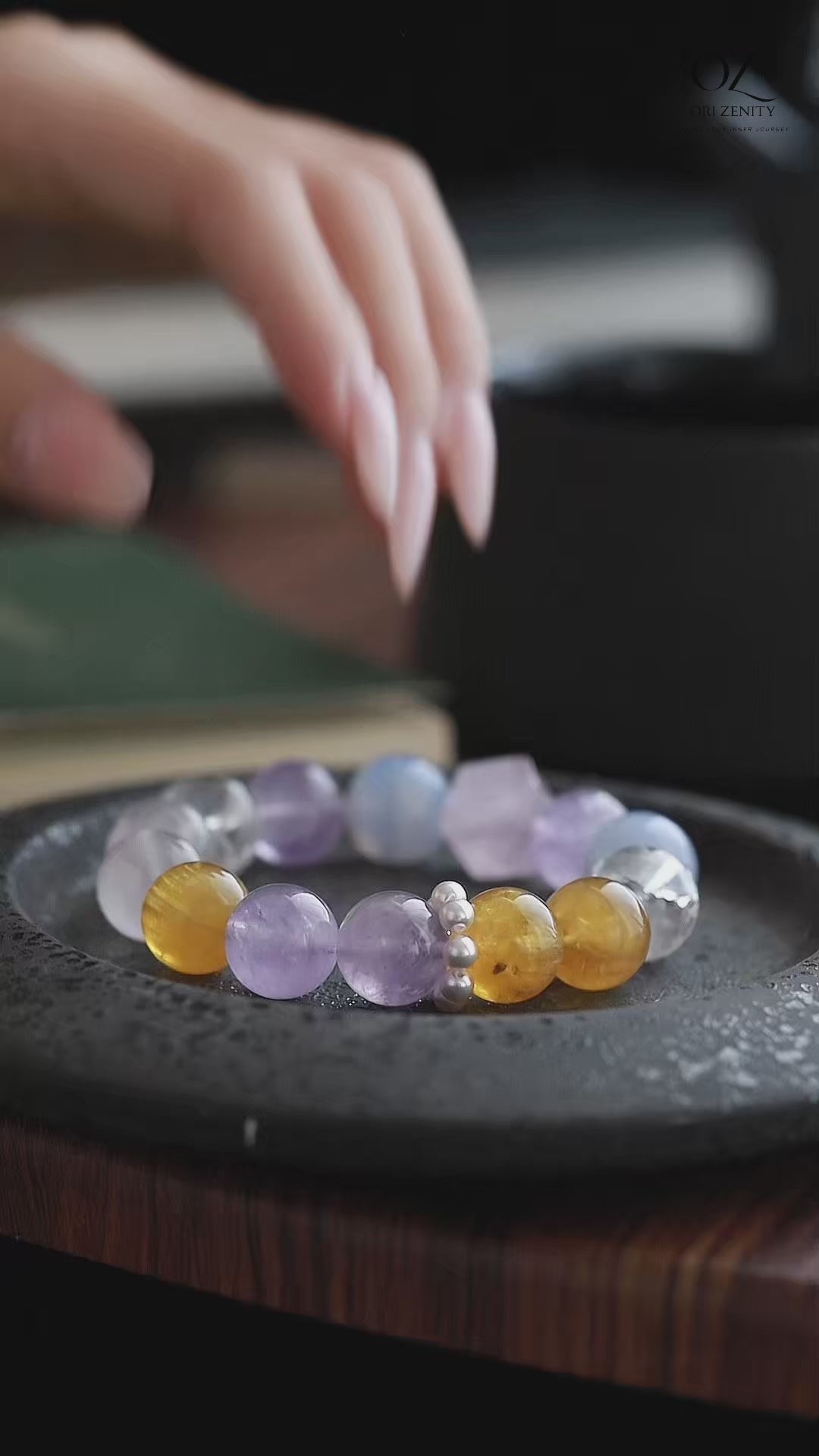OZ Dunhuang Series MC1002 Elegant 14mm Multi-Gemstone Bracelet - Amethyst, Rose Quartz & Golden Rutilated Quartz - Sparkling Gift