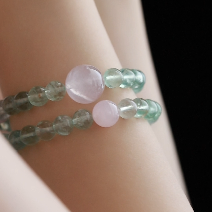 OZ  Dorothy Series GN1004 Sparkling Clear Green Fluorite Strawberry Quartz Rose Quartz Double Wrap Bracelet - Ladies Gift
