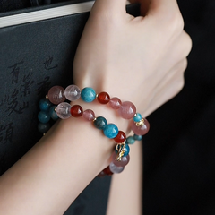 OZ Dunhuang Series MC1005 Double Strand Strawberry Quartz Bracelet - Blue Kyanite, Apatite & Red Agate - Vibrant Colorblock Gemstone Gift