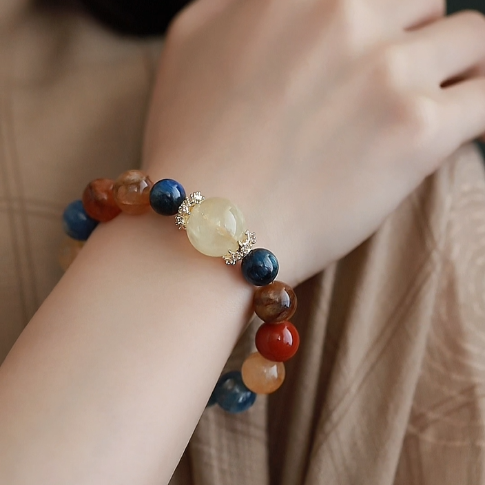 OZ Dunhuang Series MC1007 Multicolor Gemstone Bracelet - Citrine, Red Agate & Blue Apatite - Vibrant Colorblock Design