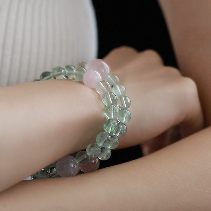 OZ  Dorothy Series GN1004 Sparkling Clear Green Fluorite Strawberry Quartz Rose Quartz Double Wrap Bracelet - Ladies Gift