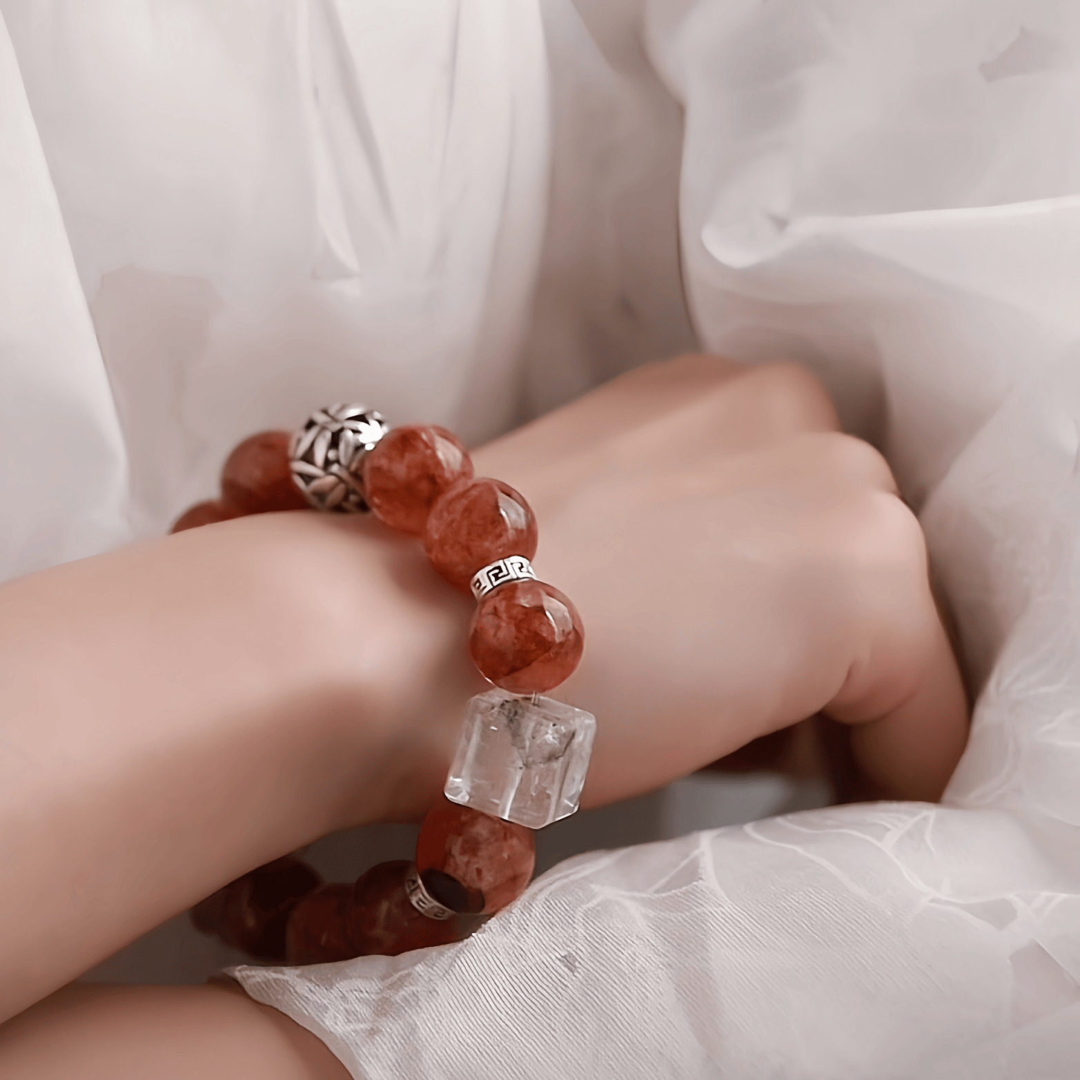 OZ Himalaya Series RD1003 Red Hematoid Quartz & Clear Crystal Bracelet - Women's Energy Bead Jewelry