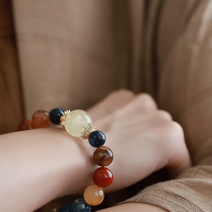OZ Dunhuang Series MC1007 Multicolor Gemstone Bracelet - Citrine, Red Agate & Blue Apatite - Vibrant Colorblock Design