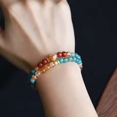 OZ Dunhuang Series MC1006 Double Strand Citrine & Red Agate & Blue Apatite Bracelet - Vibrant Apatite Colorblock Design