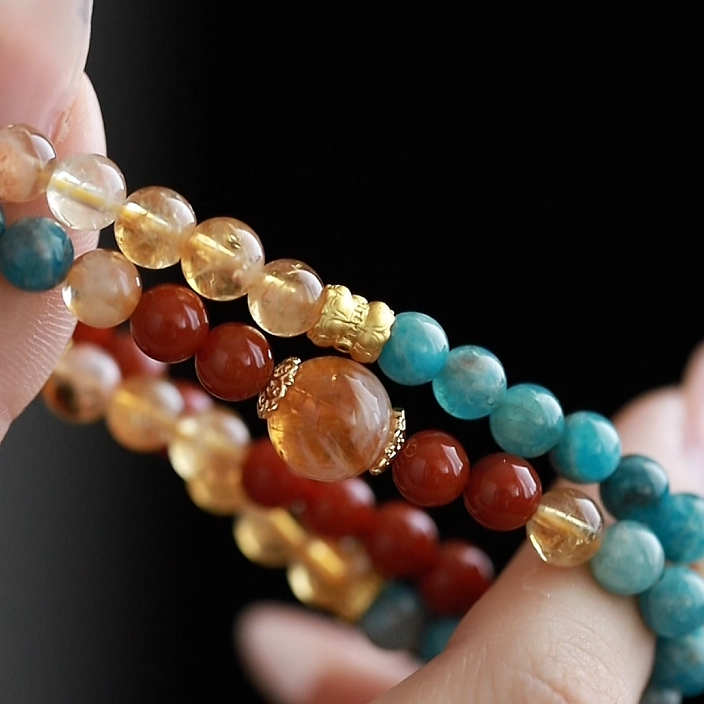 OZ Dunhuang Series MC1006 Double Strand Citrine & Red Agate & Blue Apatite Bracelet - Vibrant Apatite Colorblock Design