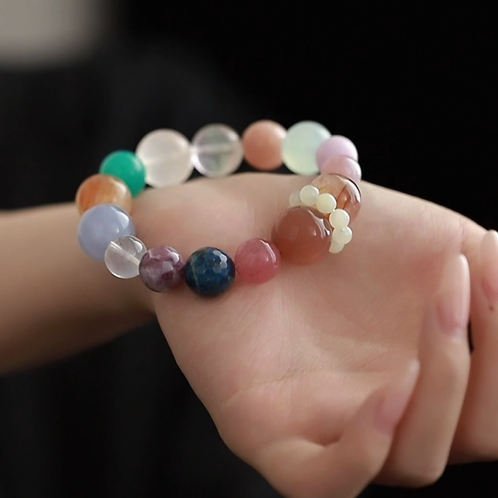 OZ Dunhuang Series MC1003 Elegant 14mm Amethyst Sunstone Rose Quartz Bracelet - Crystal Clear Multi-Gemstone Gift