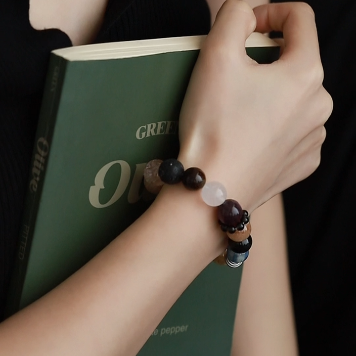 OZ Himalaya Series MC1004 14mm Blue Kyanite Super Seven Bracelet - Black Obsidian & Green Rutilated Quartz - Earth Tone Gift