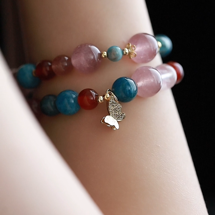 OZ Dunhuang Series MC1005 Double Strand Strawberry Quartz Bracelet - Blue Kyanite, Apatite & Red Agate - Vibrant Colorblock Gemstone Gift