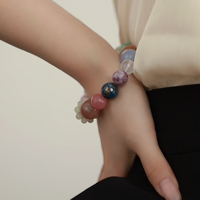OZ Dunhuang Series MC1003 Elegant 14mm Amethyst Sunstone Rose Quartz Bracelet - Crystal Clear Multi-Gemstone Gift