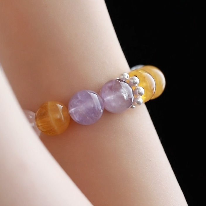 OZ Dunhuang Series MC1002 Elegant 14mm Multi-Gemstone Bracelet - Amethyst, Rose Quartz & Golden Rutilated Quartz - Sparkling Gift