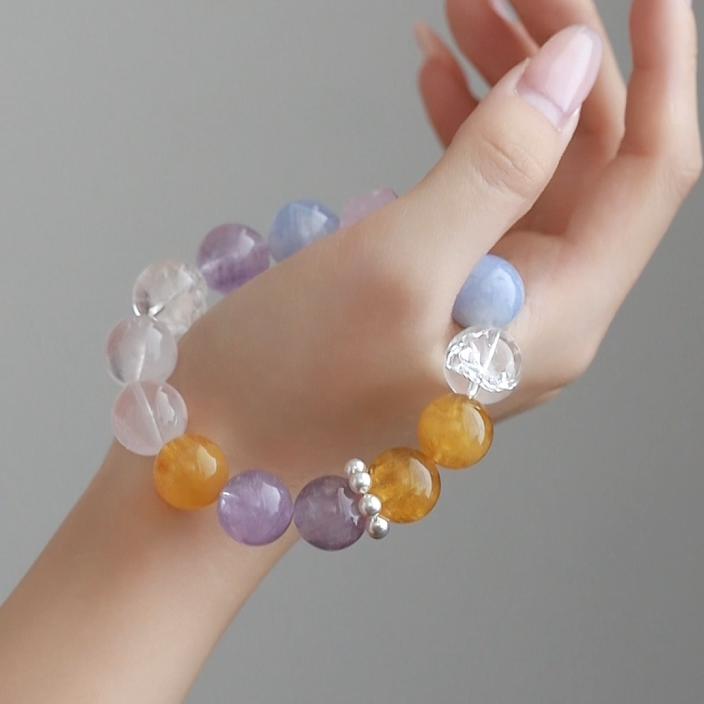 OZ Dunhuang Series MC1002 Elegant 14mm Multi-Gemstone Bracelet - Amethyst, Rose Quartz & Golden Rutilated Quartz - Sparkling Gift