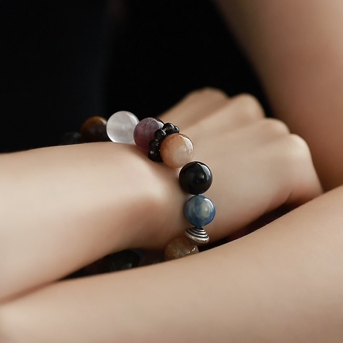 OZ Himalaya Series MC1004 14mm Blue Kyanite Super Seven Bracelet - Black Obsidian & Green Rutilated Quartz - Earth Tone Gift
