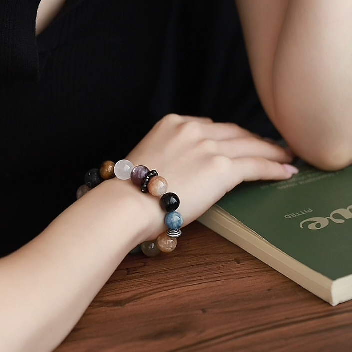 OZ Himalaya Series MC1004 14mm Blue Kyanite Super Seven Bracelet - Black Obsidian & Green Rutilated Quartz - Earth Tone Gift