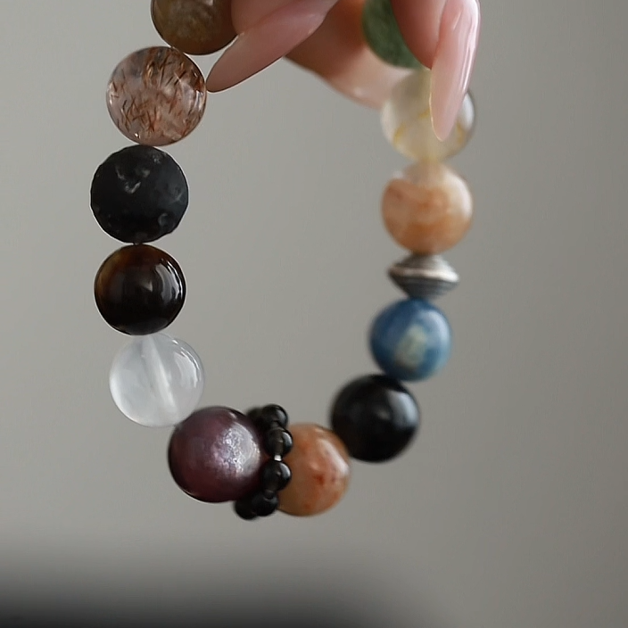 OZ Himalaya Series MC1004 14mm Blue Kyanite Super Seven Bracelet - Black Obsidian & Green Rutilated Quartz - Earth Tone Gift