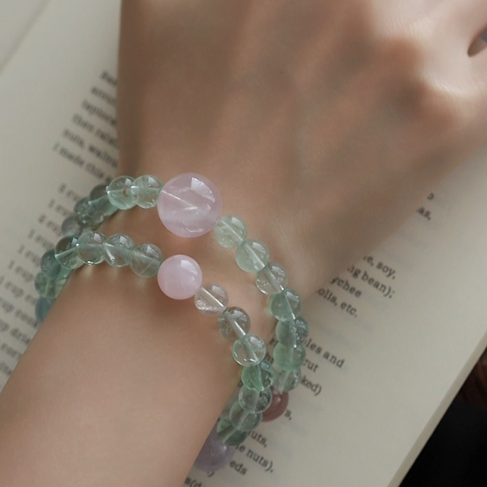 OZ  Dorothy Series GN1004 Sparkling Clear Green Fluorite Strawberry Quartz Rose Quartz Double Wrap Bracelet - Ladies Gift