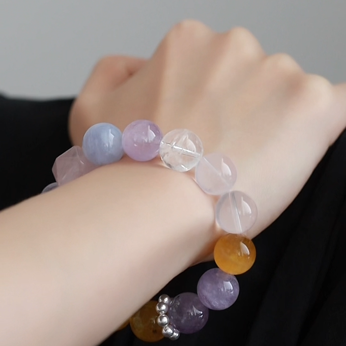 OZ Dunhuang Series MC1002 Elegant 14mm Multi-Gemstone Bracelet - Amethyst, Rose Quartz & Golden Rutilated Quartz - Sparkling Gift