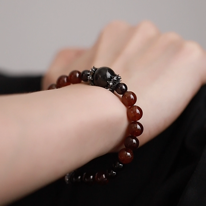 OZ Himalaya Series RD1002 Elegant Mandarin Garnet & Spessartite Garnet Bracelet - Silver Sheen Obsidian Accent