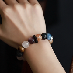 OZ Himalaya Series MC1004 14mm Blue Kyanite Super Seven Bracelet - Black Obsidian & Green Rutilated Quartz - Earth Tone Gift