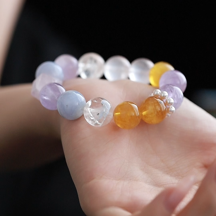 OZ Dunhuang Series MC1002 Elegant 14mm Multi-Gemstone Bracelet - Amethyst, Rose Quartz & Golden Rutilated Quartz - Sparkling Gift