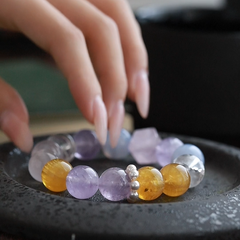 OZ Dunhuang Series MC1002 Elegant 14mm Multi-Gemstone Bracelet - Amethyst, Rose Quartz & Golden Rutilated Quartz - Sparkling Gift