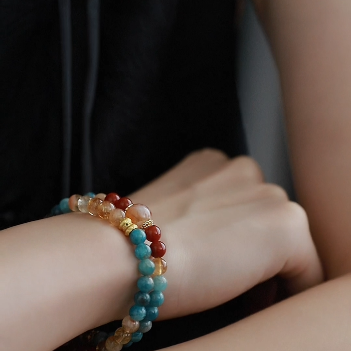 OZ Dunhuang Series MC1006 Double Strand Citrine & Red Agate & Blue Apatite Bracelet - Vibrant Apatite Colorblock Design