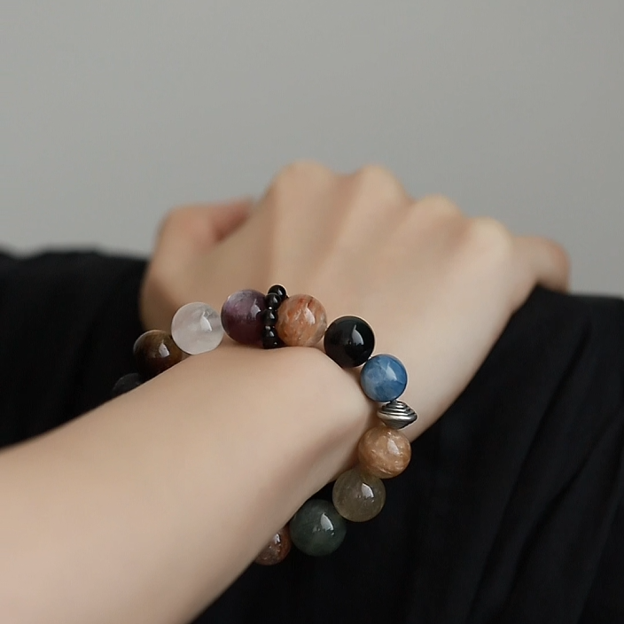 OZ Himalaya Series MC1004 14mm Blue Kyanite Super Seven Bracelet - Black Obsidian & Green Rutilated Quartz - Earth Tone Gift
