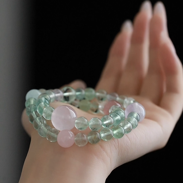 OZ  Dorothy Series GN1004 Sparkling Clear Green Fluorite Strawberry Quartz Rose Quartz Double Wrap Bracelet - Ladies Gift