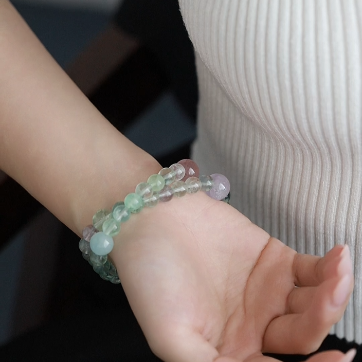 OZ  Dorothy Series GN1004 Sparkling Clear Green Fluorite Strawberry Quartz Rose Quartz Double Wrap Bracelet - Ladies Gift
