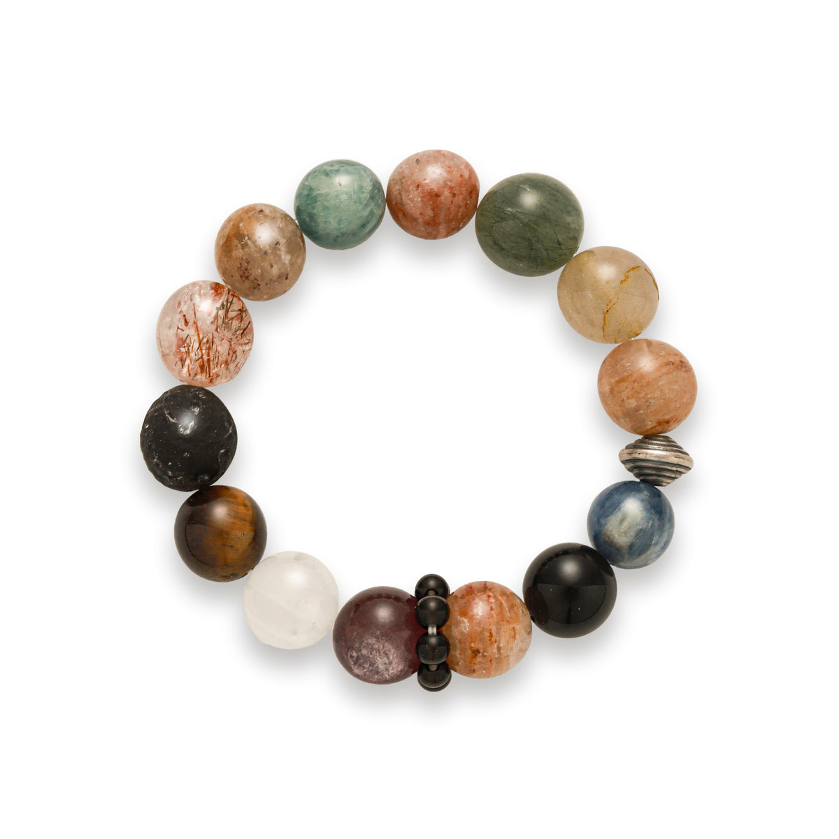 OZ Himalaya Series MC1004 14mm Blue Kyanite Super Seven Bracelet - Black Obsidian & Green Rutilated Quartz - Earth Tone Gift