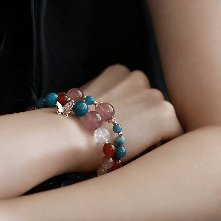 OZ Dunhuang Series MC1005 Double Strand Strawberry Quartz Bracelet - Blue Kyanite, Apatite & Red Agate - Vibrant Colorblock Gemstone Gift