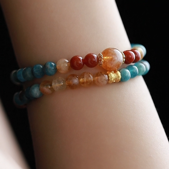 OZ Dunhuang Series MC1006 Double Strand Citrine & Red Agate & Blue Apatite Bracelet - Vibrant Apatite Colorblock Design