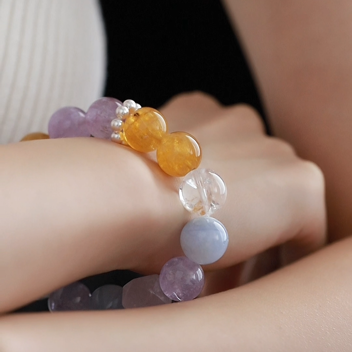 OZ Dunhuang Series MC1002 Elegant 14mm Multi-Gemstone Bracelet - Amethyst, Rose Quartz & Golden Rutilated Quartz - Sparkling Gift