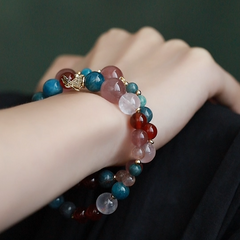 OZ Dunhuang Series MC1005 Double Strand Strawberry Quartz Bracelet - Blue Kyanite, Apatite & Red Agate - Vibrant Colorblock Gemstone Gift