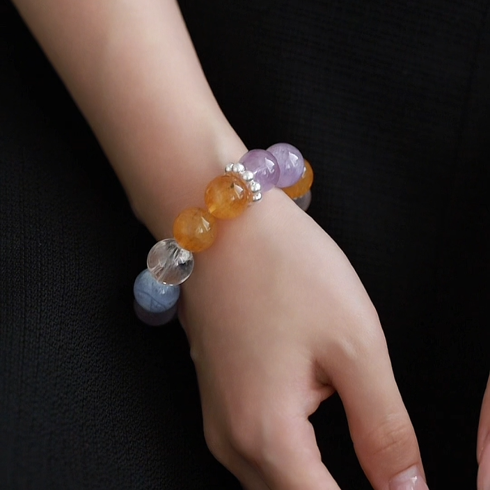 OZ Dunhuang Series MC1002 Elegant 14mm Multi-Gemstone Bracelet - Amethyst, Rose Quartz & Golden Rutilated Quartz - Sparkling Gift