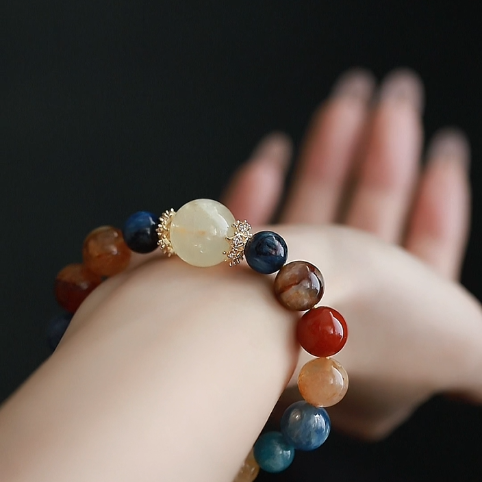 OZ Dunhuang Series MC1007 Multicolor Gemstone Bracelet - Citrine, Red Agate & Blue Apatite - Vibrant Colorblock Design