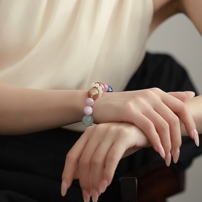 OZ Dunhuang Series MC1003 Elegant 14mm Amethyst Sunstone Rose Quartz Bracelet - Crystal Clear Multi-Gemstone Gift