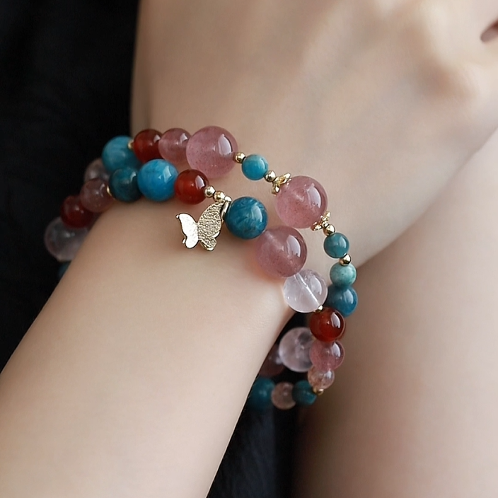 OZ Dunhuang Series MC1005 Double Strand Strawberry Quartz Bracelet - Blue Kyanite, Apatite & Red Agate - Vibrant Colorblock Gemstone Gift